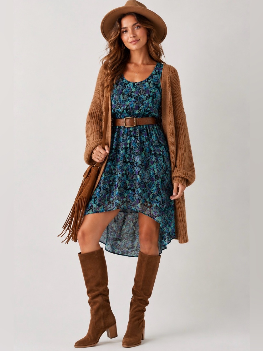 Clientele Vintage Teal Purple Paisley High-Low Midi Dress L